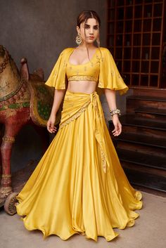 Yellow Crop Top Lehenga, Lehenga Skirt With Crop Top, Mustard Yellow Lehenga, Prathyusha Garimella, Crop Top With Skirt, Designer Crop Top, Orang India, Cape Lehenga, Ceremony Outfit