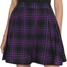 95% Polyester, 5% Spandex Imported Zipper Closure Machine Wash Your Perfect Selection For Basic Every Day Wear And Dressier Events. The Skater Styled Skirt Is Figure Flattering With Its High Waisted Style, Stretch Fabric And Slimming Cut. Double Side Pleated Design Cut Purple Tartan, Black Plaid Skirt, Purple Goth, Goth Skirt, Purple Gothic, Gothic Skirt, Checkered Skirt, Purple Skirt, High Waist Fashion