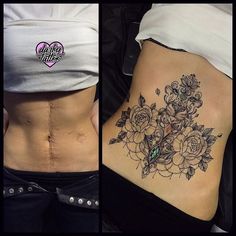 before and after photos of a woman's lower back tattoo with flowers on it