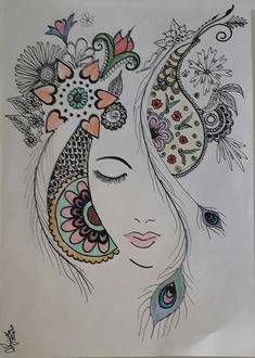 a drawing of a woman's face with flowers and feathers on her head, in white paper