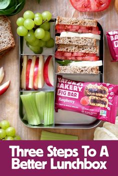 three steps to a better lunchbox with grapes, apples, celery, and crackers