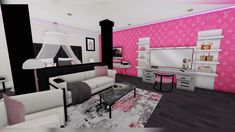 the living room is decorated in pink and black with white furniture on top of it