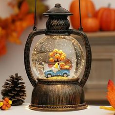 a snow globe with an image of a car and trees in it on top of a table