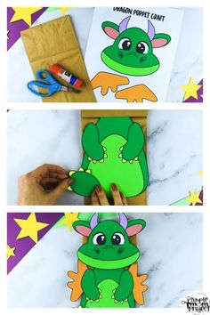 someone is making a paper cut out of a green frog with stars on the background