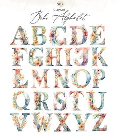 the alphabet is made up of watercolor flowers and letters, all in different colors