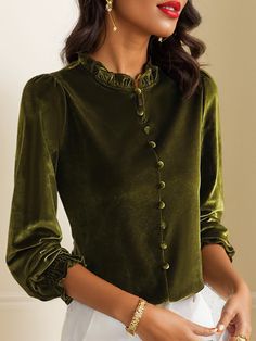 Shop Affordable  Women Blouses1 Spring/Fall Shirt&blouse Casual Shirt&blouse Plain Shirt&blouse Regular Fit Daily Lotus Leaf Collar Long Sleeve On Justfashionnow.com Affordable Casual Plain Blouse, Collared Blouse For Winter, Affordable Plain Blouse For Spring, Cute Long Sleeve Blouse At Affordable Price, Luxury Green Collared Blouse, Affordable Green Blouse With Lace Trim, Chic Winter Blouse, Cheap Fitted Green Blouse, Affordable Green Themed Tops