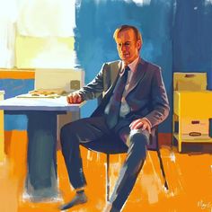 a painting of a man in a suit sitting at a desk with a laptop computer