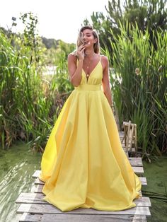 Yellow A Line V Neck Backless Satin Long Prom Dresses, Yellow V Neck Graduation Dresses, Yellow Long Evening Dresses Yellow Matric Farewell Dresses, Yellow Formal Dress, Yellow Prom, Summer Hacks, Yellow Dresses, Prom Dresses Yellow, Backless Prom Dresses, Long Prom Dresses, Satin Prom Dress