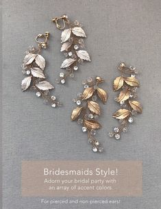 "These hand-wired wedding leaf earrings are a beautiful touch for the boho, woodland, outdoor or vintage loving bride or bridesmaids! These earrings make a statement! To order Earring Necklace SET: - https://etsy.me/3NBhEaq Details: - Hand-wired with clear crystal beads, metal leaves - Bendable wire design. - Lightweight and easy to wear for the size. Add an earring lifter if earring tend to droop on you: https://etsy.me/3tQHhKO - Your choice of push back post (shown), ear wire, lever or clip on Nature-inspired Dangle Earrings For Weddings, Whimsical Dangle Wedding Earrings, Whimsical Dangle Earrings For Wedding, Whimsical Gold Jewelry For Weddings, Whimsical Adjustable Wedding Jewelry, Nature-inspired Jewelry With Matching Earrings For Wedding, Leaf-shaped Wedding Jewelry With Matching Earrings, Nature-inspired Wedding Jewelry With Matching Earrings, Whimsical Gold Wedding Jewelry