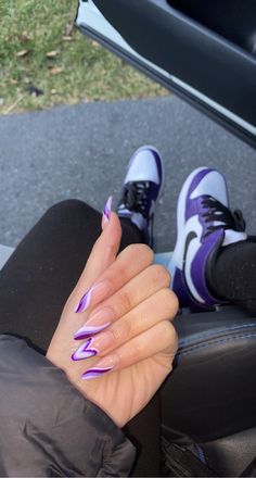 Acrylic Nail Designs Almond Summer, Contemporary Nail Designs, Purple Nails Inspo Almond, Different French Tip Nails Color Combos, Cute Girly Acrylic Nails, Coffin Nail Ideas Purple, Fun Birthday Nails Acrylic, Purple Rave Nails, Purple Aesthetic Nails Acrylic