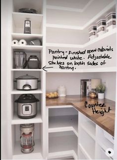 an organized pantry with lots of shelves and containers on the top shelf, labeled to describe how much food you can buy