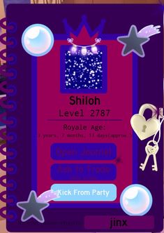 an image of a purple and red birthday party card with stars, hearts, and keys