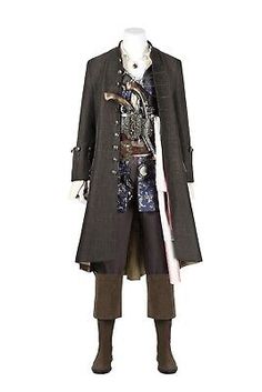 a male pirate costume on display in front of a white background