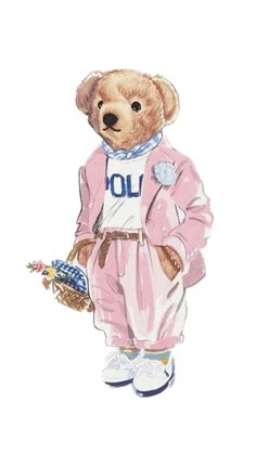 a drawing of a teddy bear wearing a pink outfit and holding a basket with flowers