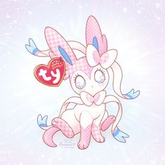 a pink and white bunny with blue eyes holding a heart shaped object in it's mouth