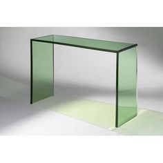 a glass console table with an open top and bottom section in the shape of a rectangle