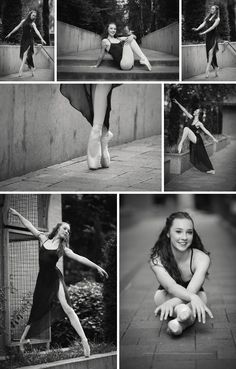 black and white photos of a woman posing on steps with her legs spread out in the air