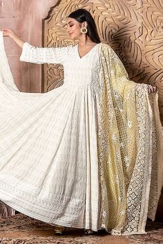 Cream anarkali featuring chikankari embroidered floral and paisley motifs. Paired with a sequin work jaal patterned dupatta., Fit: Relaxed Cream Anarkali, Anarkali With Dupatta, Paisley Motifs, Embroidered Anarkali, Women Kurta, Fashion App, Aza Fashion, Anarkali, Paisley