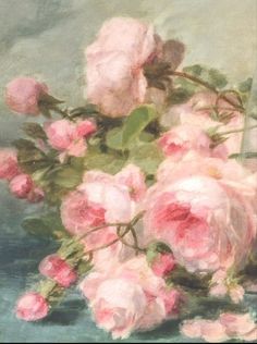 an oil painting of pink roses in a vase