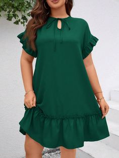 Plus Size Solid Color Ruffle Trim Vacation Casual Dress Dark Green Cute  Short Sleeve Woven Fabric Plain Smock Non-Stretch  Women Plus Clothing, size features are:Bust: ,Length: ,Sleeve Length: Caribbean Gown, Free Gown, Plain Dresses, Simple Dress Casual, Modest Dresses Fashion, Casual Dresses Plus Size, Corporate Dress, Short African Dresses, Simple Gowns