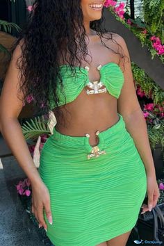 OrcaJump - Chic Solid Backless Strapless Sleeveless Two-Piece Set for Women Green Summer Tube Top, Green Sleeveless Tube Top For Vacation, Plus Size Sports Bras, List Style, Green Outfit, Rave Outfits, Ruched Dress, Beach Dresses, Two Piece Outfit