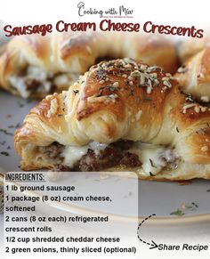 sausage cream cheese croissants on a plate with instructions for how to make them