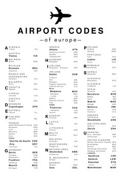 the airport code for europe is shown in black and white, with an airplane flying over it