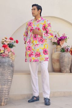 Mint straight short kurta featuring floral print all over with hexagon, leaf, bee pattern. Paired with a solid white pant. - Aza Fashions Flower Kurta For Men, Cotton Floral Print Sets With Straight Pants, White Digital Print Kurta For Spring, Cotton Sets With Floral Print Straight Pants, Floral Print Patterned Spring Kurta, Casual Multicolor Floral Print Kurta, Floral Print Cotton Sets With Straight Pants, Luxury Spring Digital Print Kurta, Traditional Cotton Pants With Floral Print