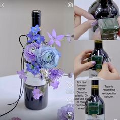 two pictures showing how to make a wine bottle vase with flowers and bottles in it