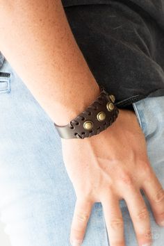 Infused with leather laces, a row of burnished brass beading is studded down the center of a brown leather band for a rustic look. Features an adjustable snap closure.Sold as one individual bracelet. Paparazzi Accessories Jewelry, Urban Cowboy, Snap Bracelets, Turquoise Bead Bracelet, Burnished Brass, Paparazzi Accessories, Paparazzi Jewelry, Leather Items