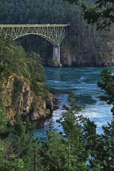 the train is going over the bridge on the water's edge near some trees