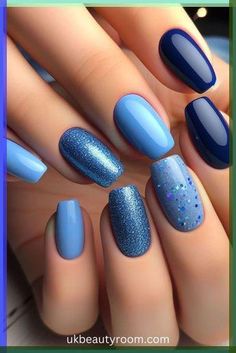 This post lists 43 different blue nail designs that showcase the versatility of this color, from subtle pastel blues to vibrant royal... Denim Blue Nails, Blue And Silver Nail Designs, Beautiful Gel Nails, Hawaii Nails, Blue Gel Nails, Fancy Nails Designs, Silver Nail, Nice Nails, Nails Blue