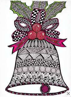 a drawing of a christmas bell with holly leaves on top and pink ribbon around it