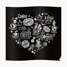 coffee related items in the shape of a cloud on a chalkboard background with hand drawn lettering