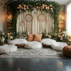 a living room decorated with flowers and greenery, white fur rugs on the floor