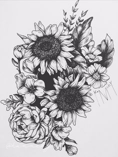 a black and white drawing of sunflowers