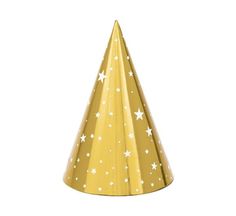 a yellow party hat with white stars on the top and gold foiled paper covering