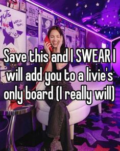 a woman sitting in a chair talking on a cell phone with the words save this and i swear i will add you to a live's only board i really will