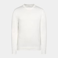 Exude minimalist elegance in this pure white sweater, featuring a close-fitting shape that narrows slightly at the waist, complemented by a neat ribbed finish at the hem and cuffs. Modern White Sweater With Ribbed Cuffs, Classic Winter Tops With Minimal Stretch, Fitted Crew Neck Sweater For Everyday, Classic Tops With Minimal Stretch For Winter, Modern Sweater With Ribbed Neckline For Work, White Crew Neck Sweater With Ribbed Neckline, White Fitted Sweater With Ribbed Neckline, White Crew Neck Sweater For Layering, Classic Ribbed Sweater For Business Casual