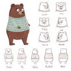 the bear is wearing sweaters and standing in different poses