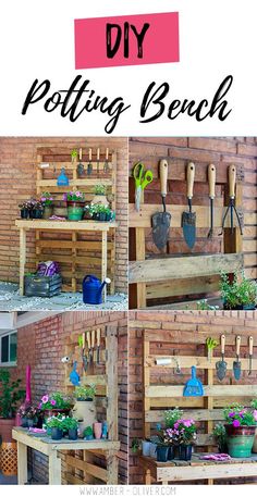 diy potting bench made out of pallets and wooden crates with gardening utensils