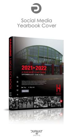 a book cover for the social media yearbook 2012 - 22, featuring an image of people walking in front of a building