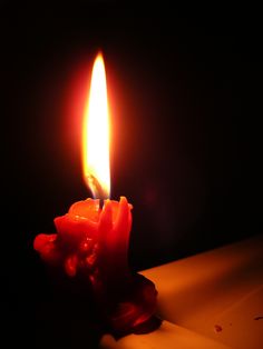 a lit candle sitting on top of a table