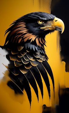 an eagle painted on the side of a yellow wall with black and brown feathers,