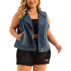 Introducing Women's Plus Size Sleeveless Denim Jacket. This stylish jacket features a front zipper for easy wear and a modern touch. With convenient side seam pockets, it combines practicality with style. Crafted from high-quality denim, it offers both durability and comfort. Pair it with jeans, skirts, or dresses for a fashionable look. Show off your style and confidence with this must-have denim jacket. This sleek, versatile jacket is perfect for the fashion-forward who's looking for curves. Sleeveless Denim Jacket, Versatile Jacket, Jean Vest, Stylish Jackets, Washed Denim, Plus Size Jeans, Easy Wear, Denim Wash, Front Zipper