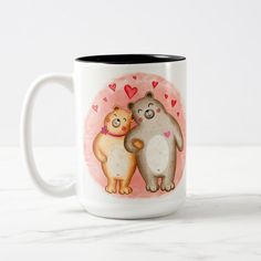 two bears hugging each other with hearts in the background coffee mug on marble countertop