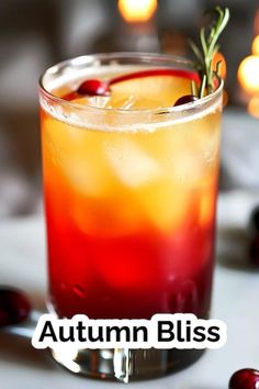 the autumn bliss cocktail is garnished with cranberries