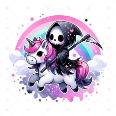 a skeleton riding on the back of a white unicorn with a pink mane and black hat