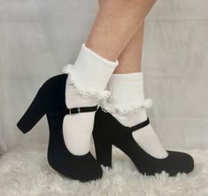 "SCALLOP  lace cuff socks  - white  Indulge in the elegant allure of our white lace cuff ankle socks; a stylish and timeless representation of vintage fashion. Crafted with lightweight cotton, these socks feature a lavish lace trim that elevates your shoes and brings a touch of opulence to any outfit. 3/8\" wide cotton lace  90% cotton 10% Spandex sock one size fits most women  6-10. made in america value priced * Signature socks by Catherine Cole Quality  socks for women  Ladies have been making our lace socks their signature style choice for years - why not add our stunning socks to your collection?" Bobby Socks Outfit, Lace Socks With Heels, Sock Fashion, Lace Sock, Lace Boot Socks, Lace Ankle Socks, Bobby Socks, Ombre Lace, Ankle Socks Women