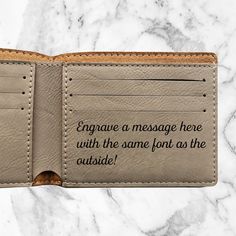 "You'll love our engraved men's wallets! Each of our custom wallets is custom laser engraved to your specifications with initials, names or monograms. Personalized wallets make excellent Christmas gifts or Father's Day Gifts! Engraved Dad Gift Wallet Details: - Each bifold slim wallet measures 3.5\" x 4.5\" - Personalized engraving on each men's wallet that will never rub off! - Our men's custom wallets are made of high-quality leatherette with accent stitching - Choose from several styles to pe Father's Day Bifold Wallet With Card Slots, Bifold Wallet With Engraved Logo As Gift, Rectangular Wallets With Interior Card Slots For Father's Day, Rectangular Wallet With Engraved Logo As Gift, Customizable Wallets For Father's Day Personalized Gift, Customizable Wallets For Father's Day, Customizable Rectangular Wallet For Personalized Gifts, Customizable Brown Bifold Wallet, Customizable Leather Bifold Wallet